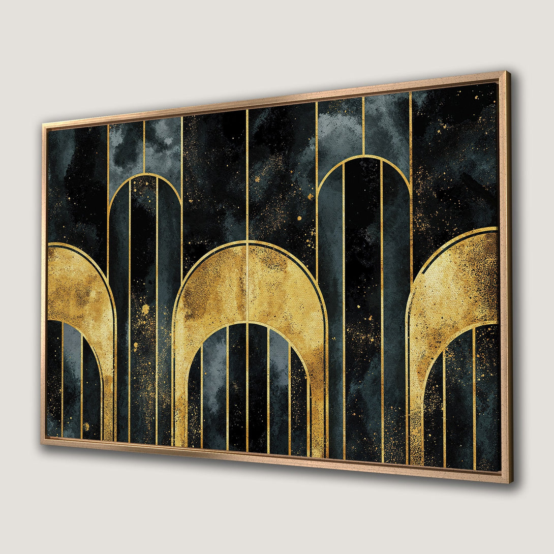 Framed Wall Art featuring an Art Deco design with gold arches on a dark teal and black watercolor background. Elevate your space with this luxurious canvas print.