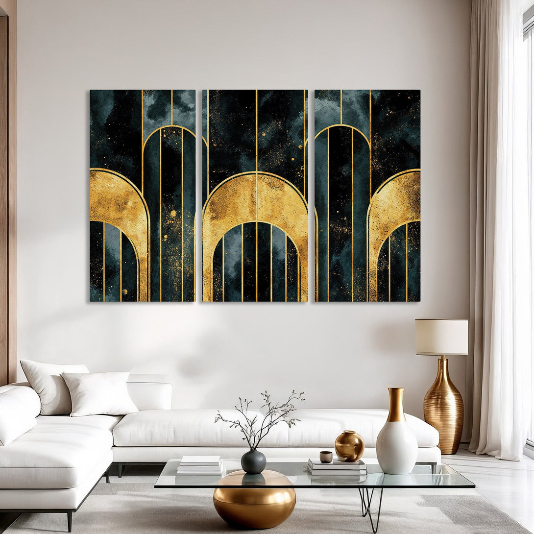 Canvas Print: Abstract gold arch art on dark teal background. Modern wall decor with a luxurious, elegant color palette. Perfect for home or office.