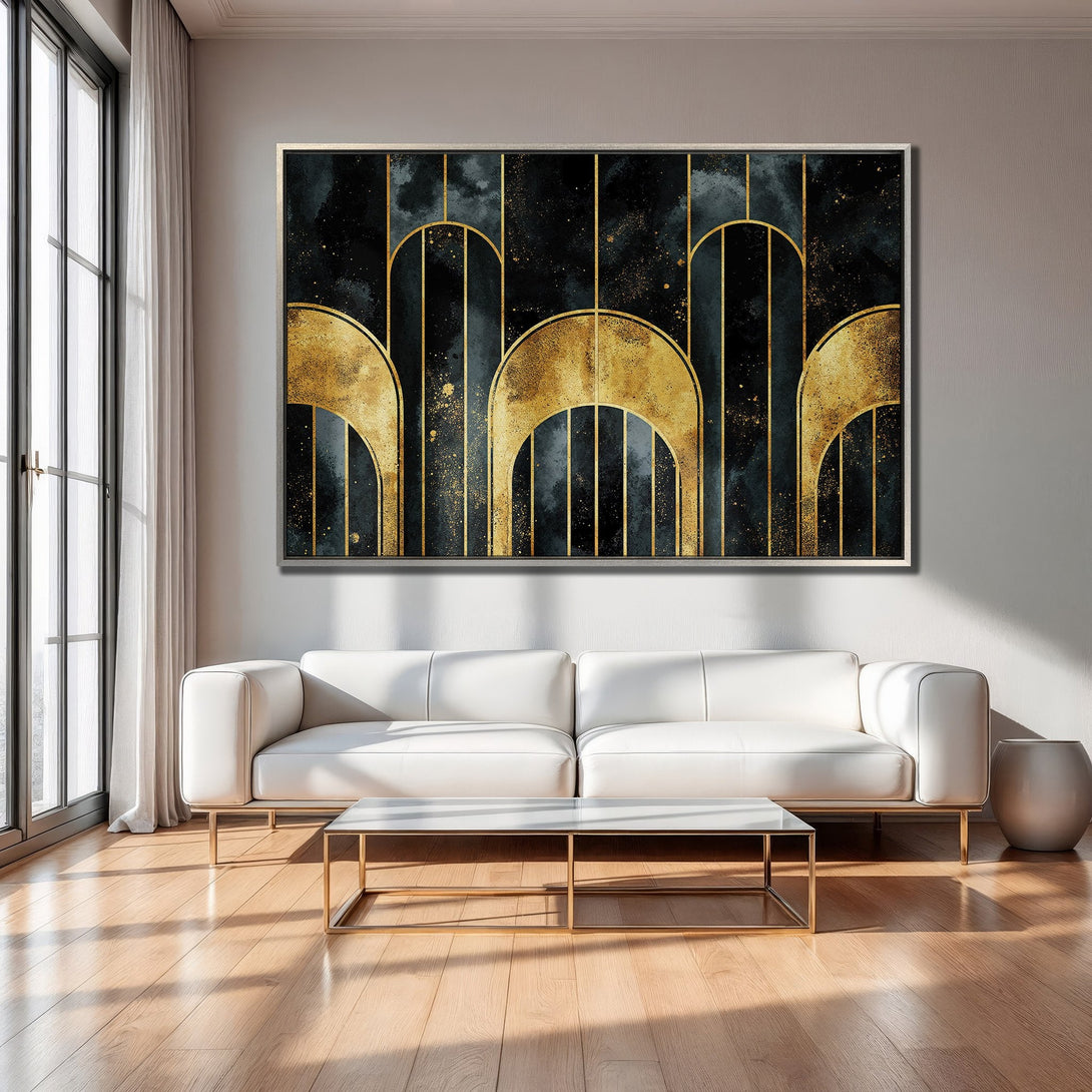 Framed Wall Art: Abstract gold and black design adds modern elegance to a living room. Enhance your space with this stunning canvas print!