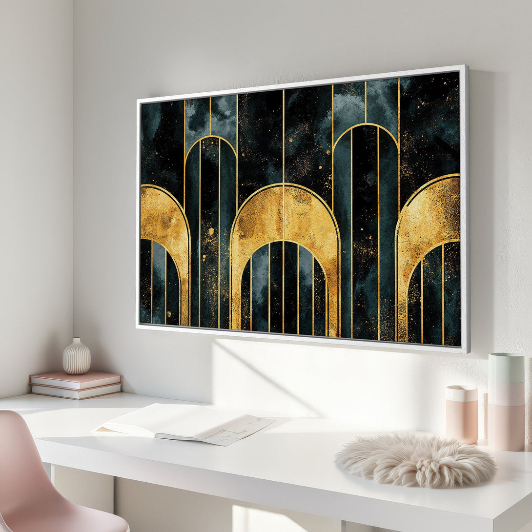 Framed Wall Art: Abstract gold arch design on a teal and black background. Modern art print for home decor. Elegant color palette.