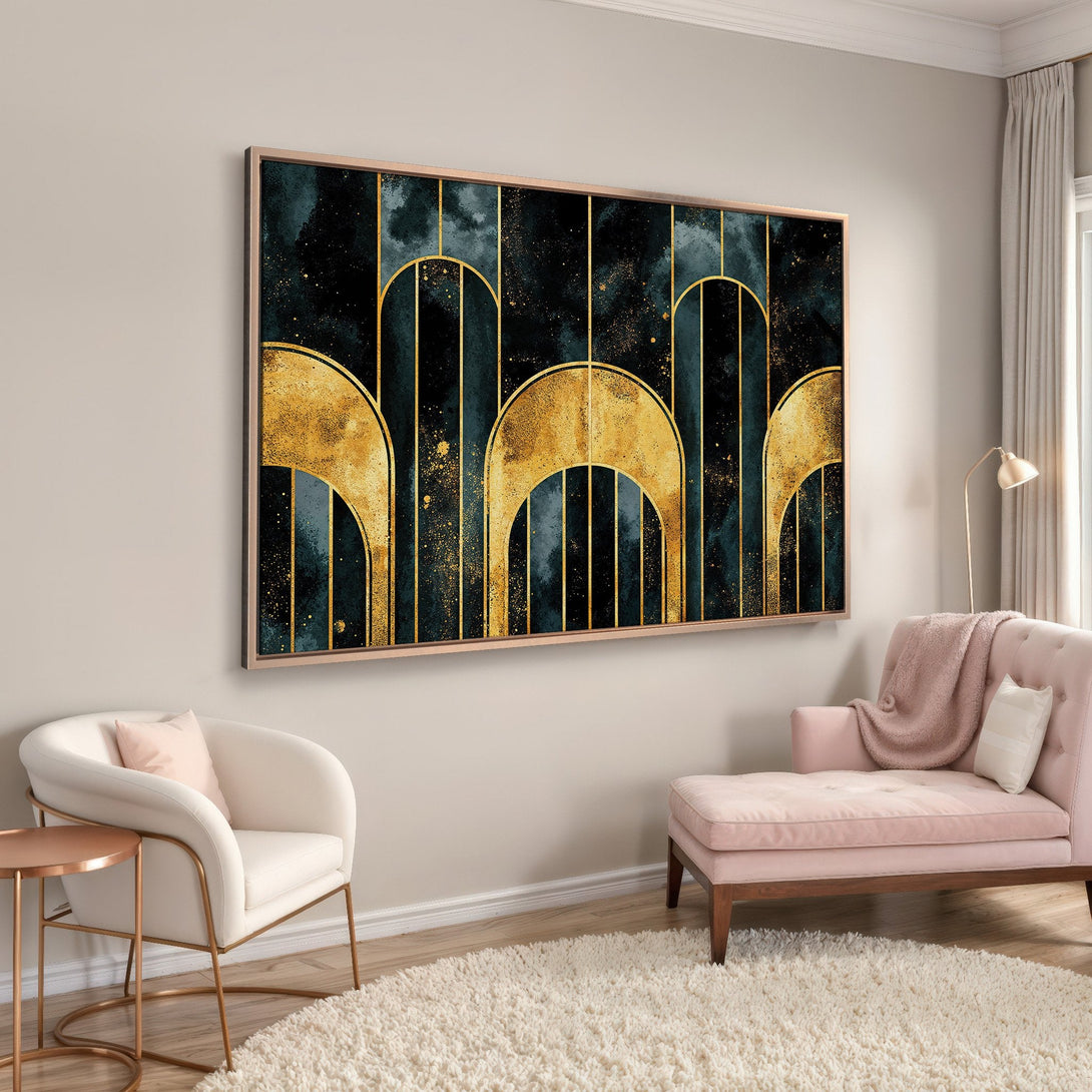 Framed Wall Art: Abstract gold and teal canvas print. Modern art deco style, perfect for living room decor. Elevate your space with this stunning piece.