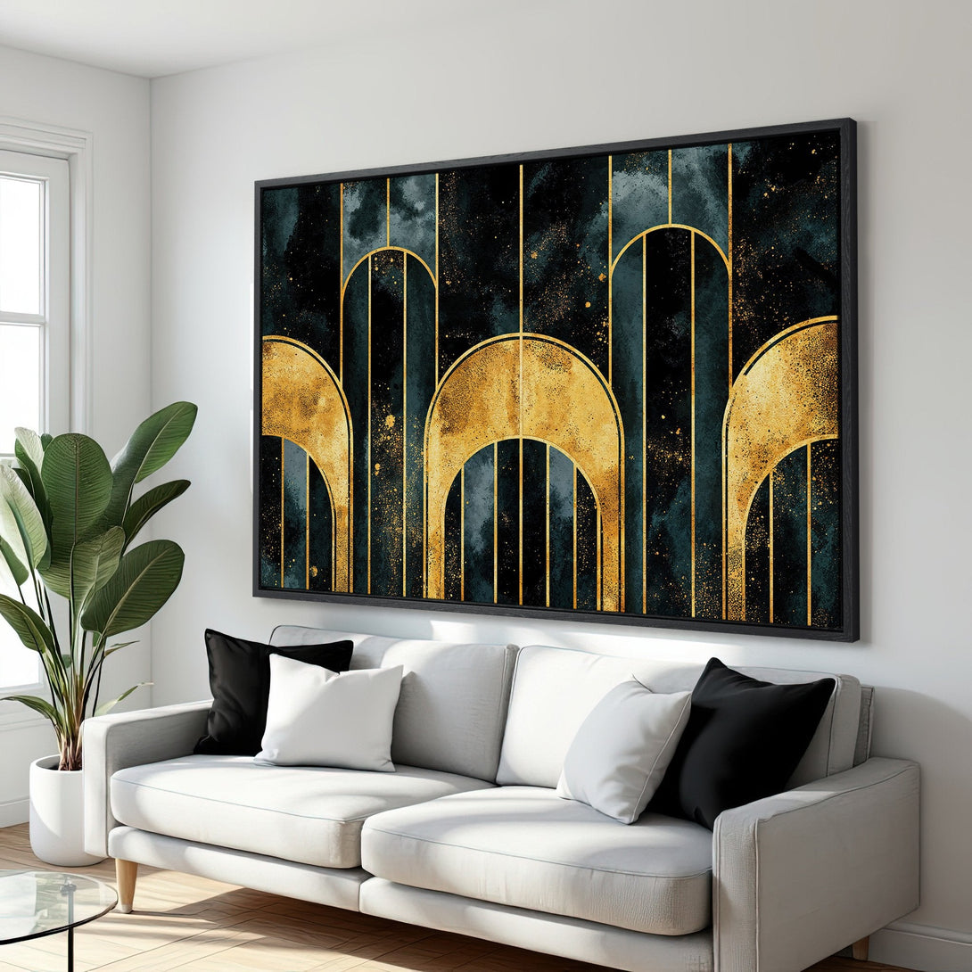 Framed Wall Art featuring an abstract gold and teal design. Modern art print adds a touch of luxury to any interior.