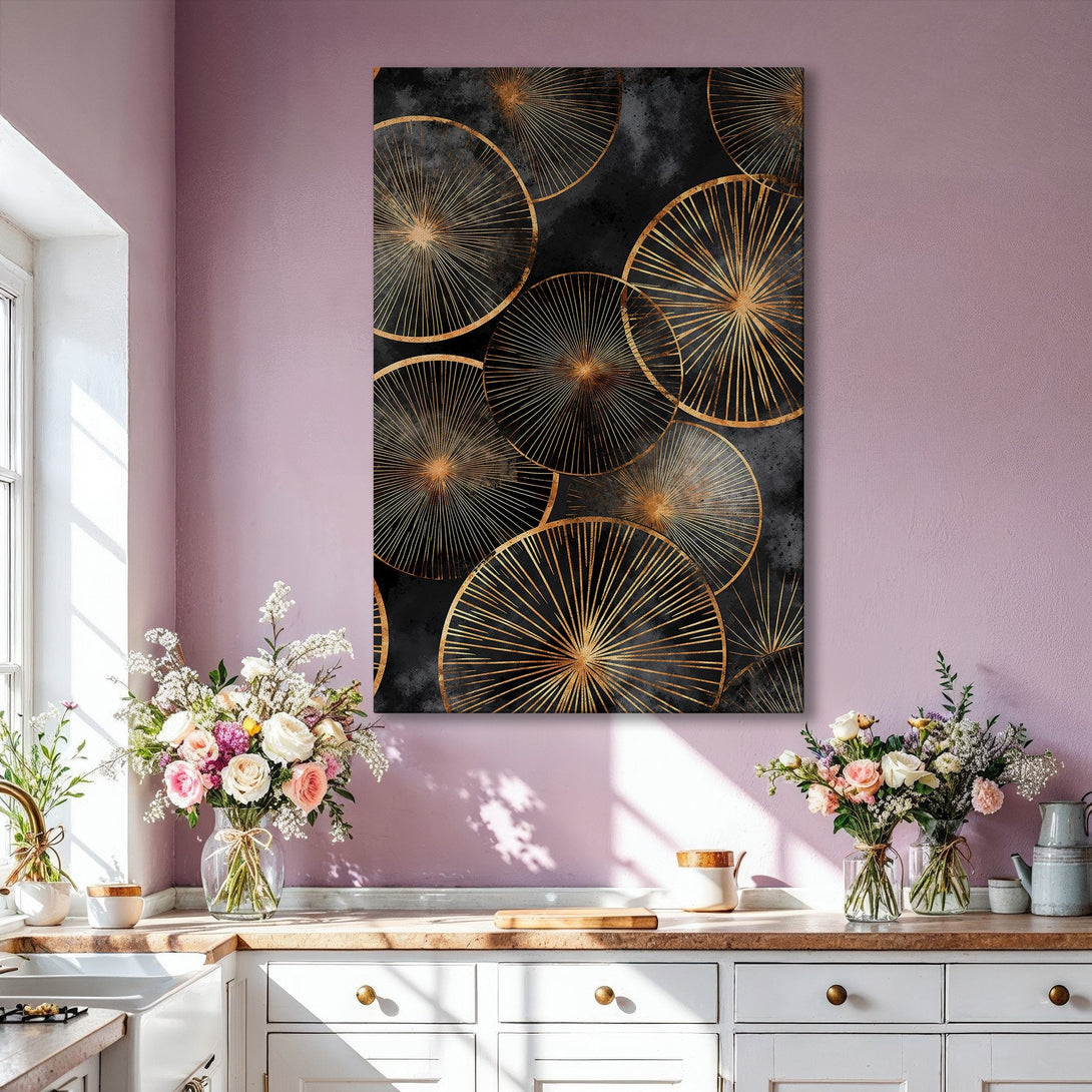 Framed Wall Art featuring a modern abstract design with gold geometric shapes on a dark background. Elegant decor in a stylish interior setting.
