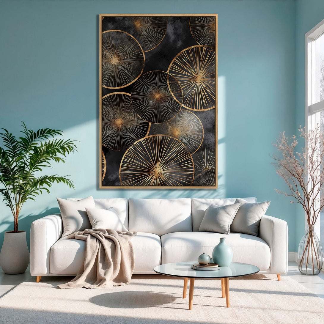 Framed Wall Art: Abstract gold and black design. Modern art print in a living room with a blue and neutral color palette.