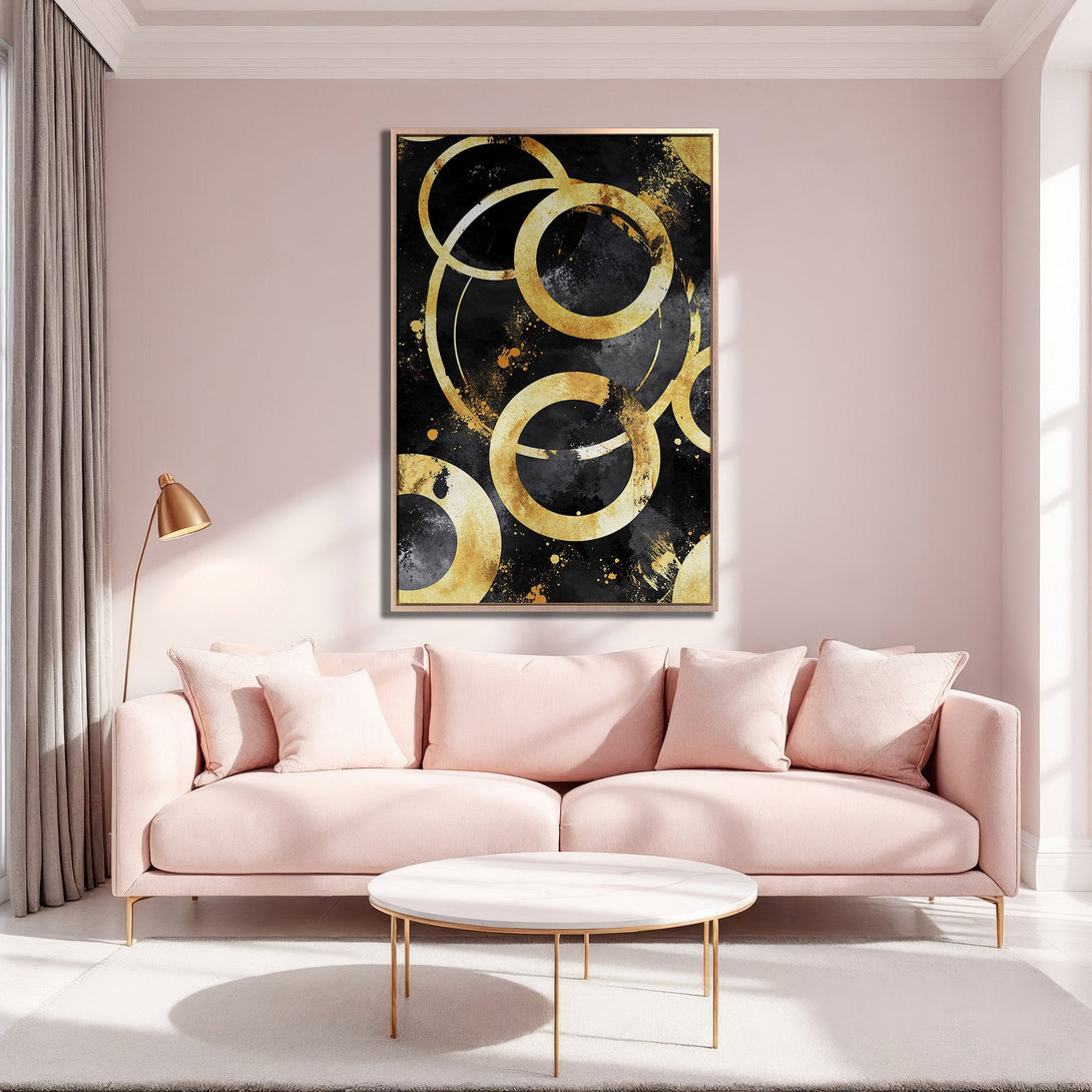 Framed Wall Art featuring abstract gold circles on a black background, perfect for adding a touch of elegance to any space. Modern art in a blush and gold palette.