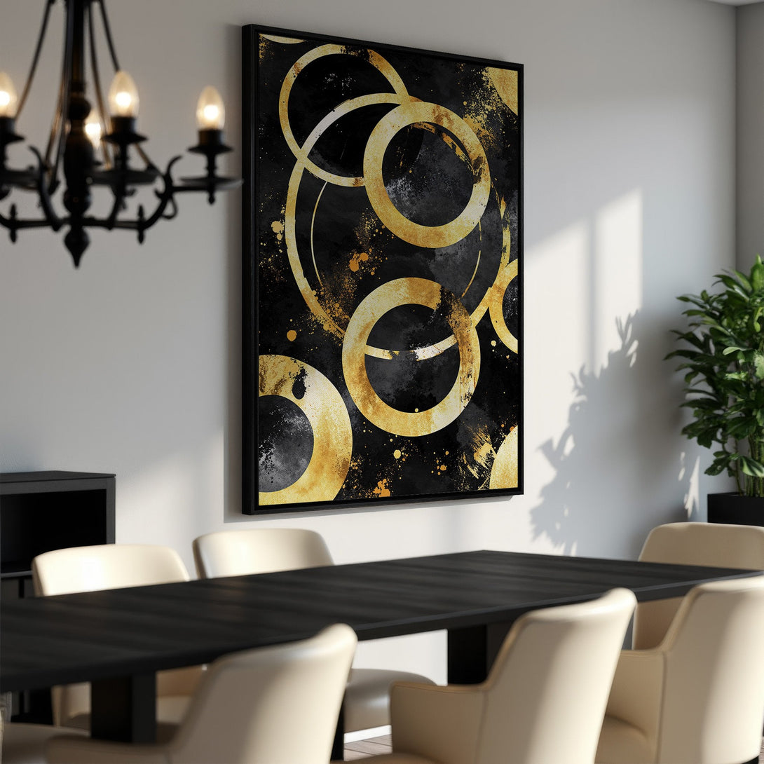 Framed Wall Art featuring abstract gold circles on a black background. Modern Canvas Print with a luxurious, elegant aesthetic. Perfect for dining rooms.