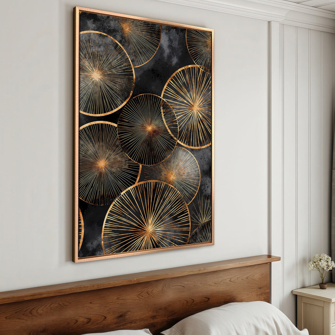 Framed Wall Art with gold geometric design on black background. Modern abstract canvas print, perfect for bedroom decor. Luxurious gold and black color palette.