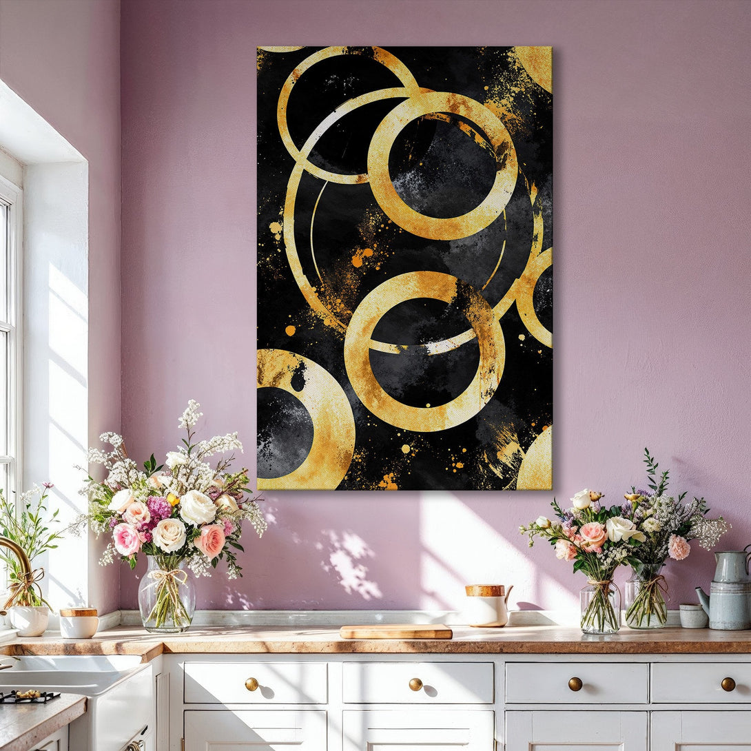 Framed Wall Art featuring an abstract gold circle design on a black background. Modern style, perfect for adding a touch of luxury to your living room decor.
