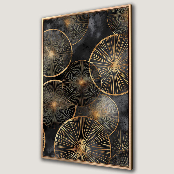 Framed Wall Art featuring a modern abstract design with gold geometric shapes on a black background. Perfect for adding a touch of luxury!