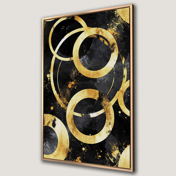 Framed Wall Art featuring abstract gold circles on a black background. Modern art canvas print with a luxurious, contemporary style and gold and black color palette.