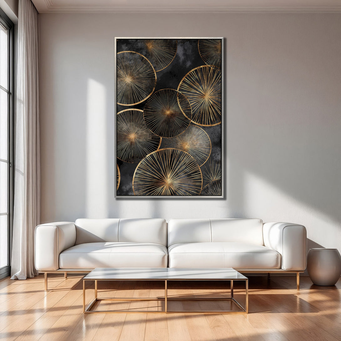 Framed Wall Art featuring abstract gold and black design. Modern canvas print adds a touch of luxury to any interior.