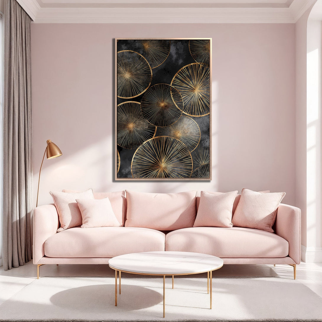 Framed Wall Art featuring gold geometric design on a dark background. Modern art piece with a black, gold, and pink color palette, perfect for any interior.