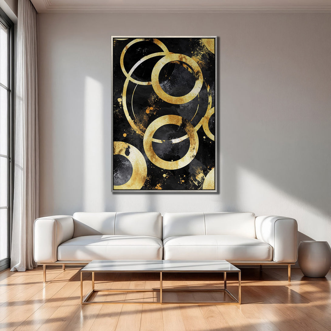 Framed Wall Art: Abstract gold circle design on black canvas. Modern art with a luxurious gold and black color palette. Perfect for living room decor.