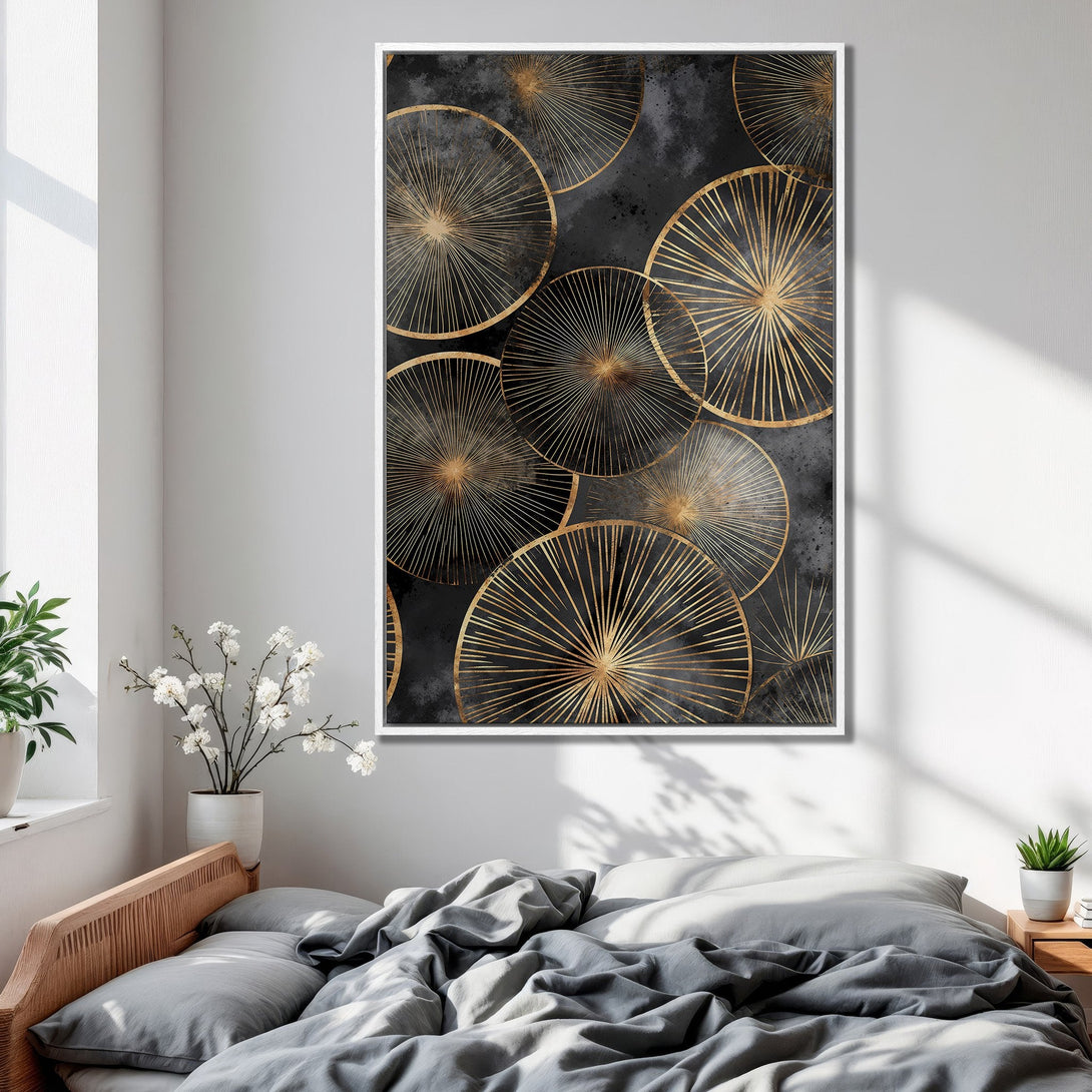 Framed Wall Art: Abstract gold & black geometric art print. Modern bedroom decor with a stylish, contemporary feel. Enhance your space with art!