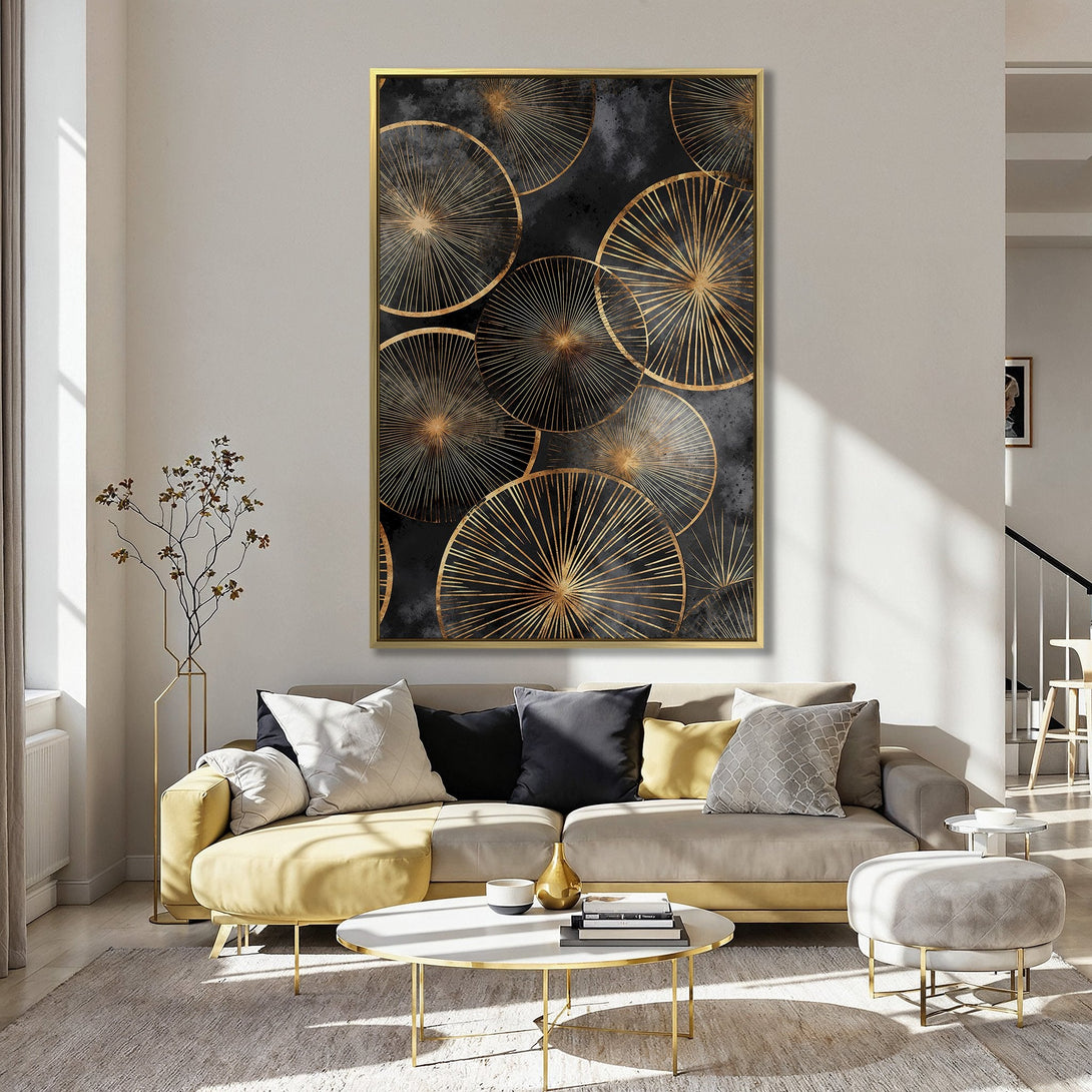 Canvas Print featuring abstract gold geometric design on a black background, displayed in a stylish kitchen with a pink wall. Modern art for your home!