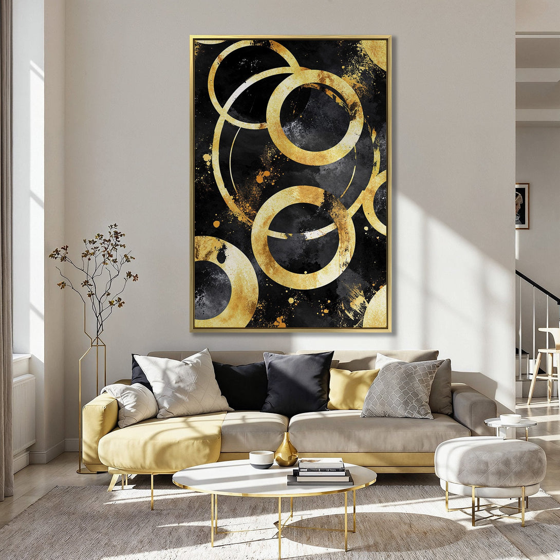 Abstract Canvas Print with gold circles on black background, adding a touch of modern art to any interior.