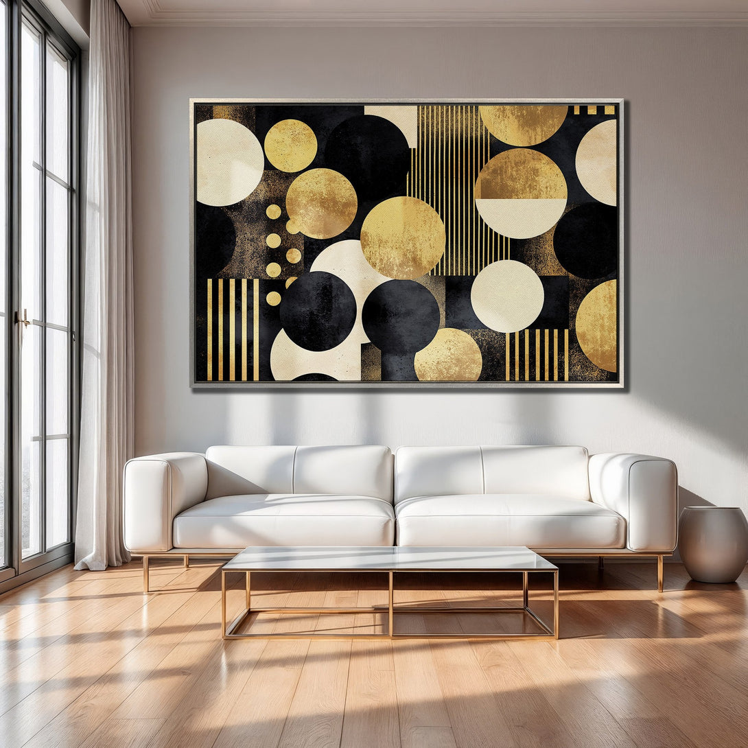 Framed Wall Art: Abstract geometric art in gold, black, and cream. Modern decor for living room. Shop stylish wall art today!