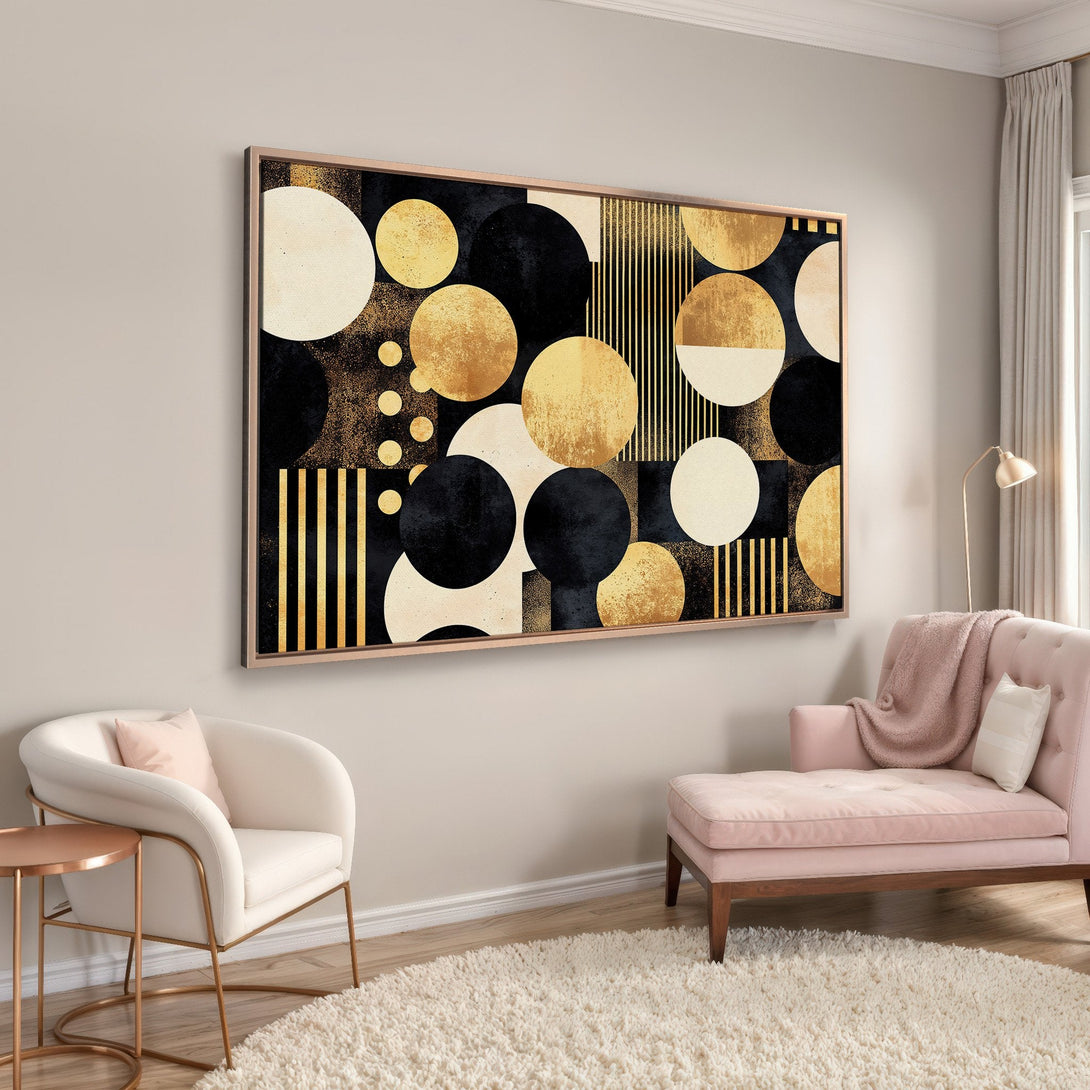 Framed Wall Art featuring a modern geometric design with gold, black, and cream circles. Perfect for adding a touch of elegance to any space.