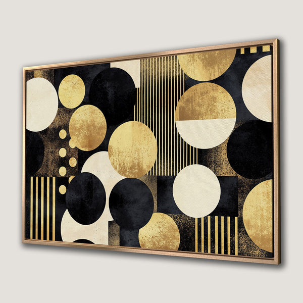 Framed Wall Art featuring an abstract geometric design with gold, black, and cream circles. Modern art canvas print for stylish home decor.