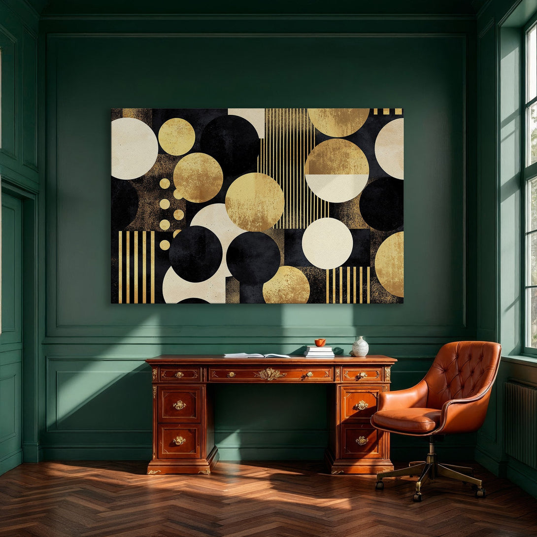 Framed Wall Art: Abstract geometric design in gold, black, and cream. Modern canvas print adds elegance to a dining room. Shop now!