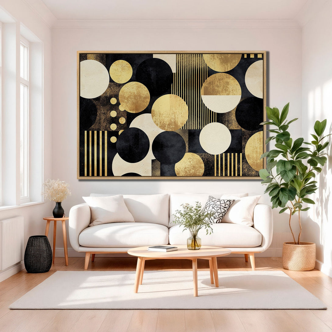 Framed Wall Art: Modern geometric art print in gold, black, and cream. Elevate your living room with this stylish abstract canvas print.