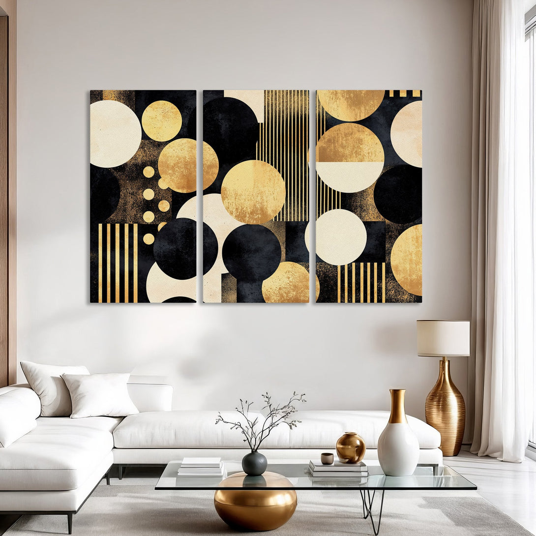 Geometric Canvas Print with gold, black, and cream abstract design. Modern wall art for living room decor.