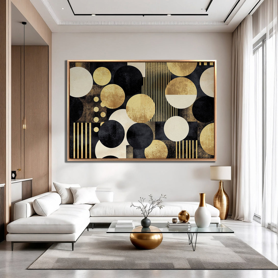 Framed Wall Art featuring a modern geometric design with gold, black, and cream circles. Elegant decor for a stylish living room.