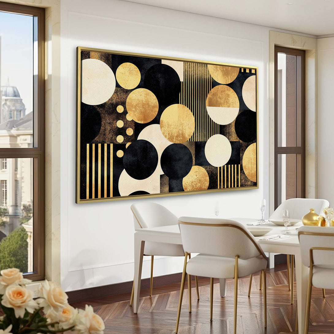 Abstract Canvas Print in gold, black, and cream tones. Modern geometric art perfect for home or office decor. Shop now!
