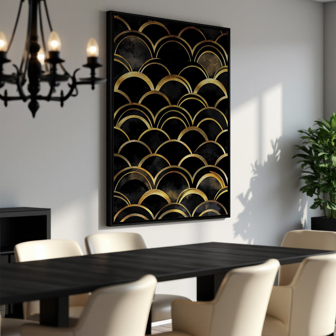 Framed Wall Art: Abstract gold and black art deco design. Stunning canvas print adds a touch of luxury to any dining room. Elevate your decor!