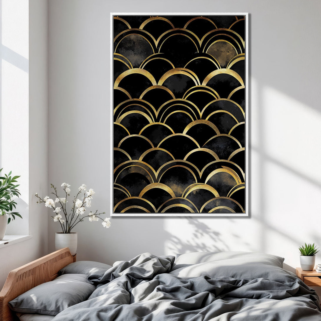Framed Wall Art: Art Deco style Canvas Print in black and gold, adding a touch of elegance to any bedroom decor.