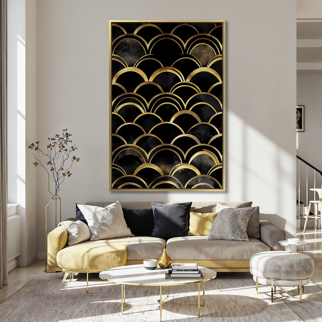 Canvas Print: Art Deco-inspired black and gold abstract wall art. Modern design with a luxurious touch. Perfect for kitchen decor.