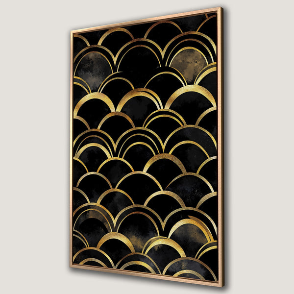 Framed Wall Art featuring an Art Deco-inspired design with black and gold geometric pattern. Perfect for adding a touch of luxury to any space.