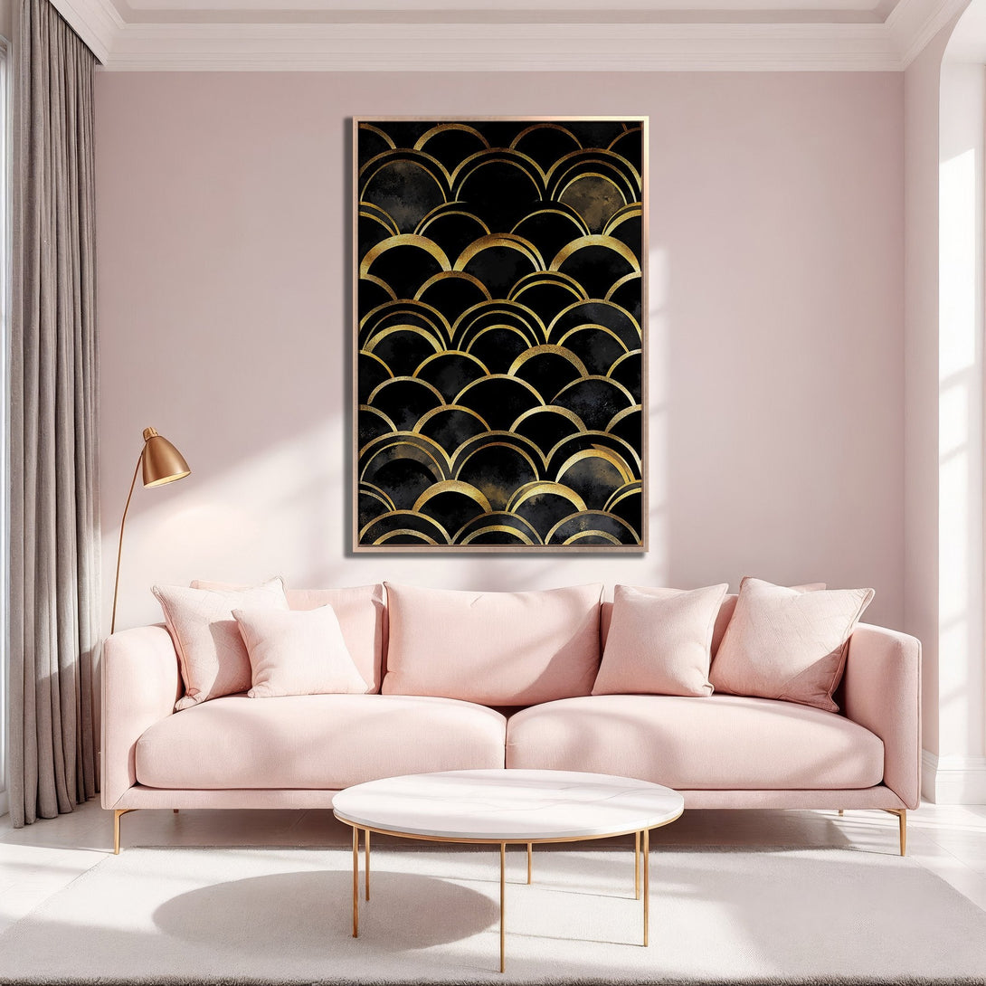 Framed Wall Art: Black & gold abstract pattern canvas print in a modern, blush pink interior. Adds a touch of elegance and sophistication.