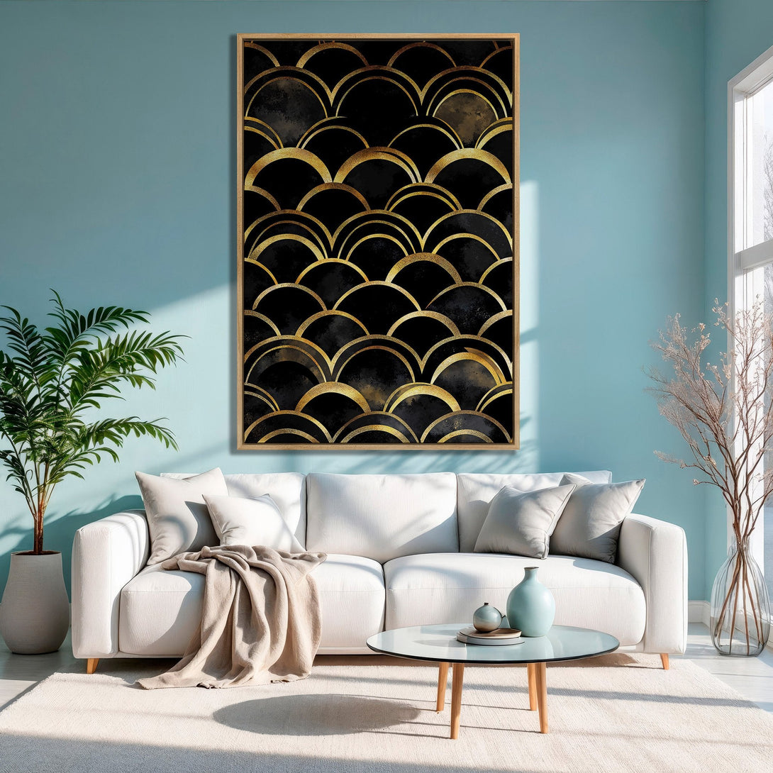 Framed Wall Art featuring a black and gold art deco design. Modern interior with a teal wall and neutral furniture.