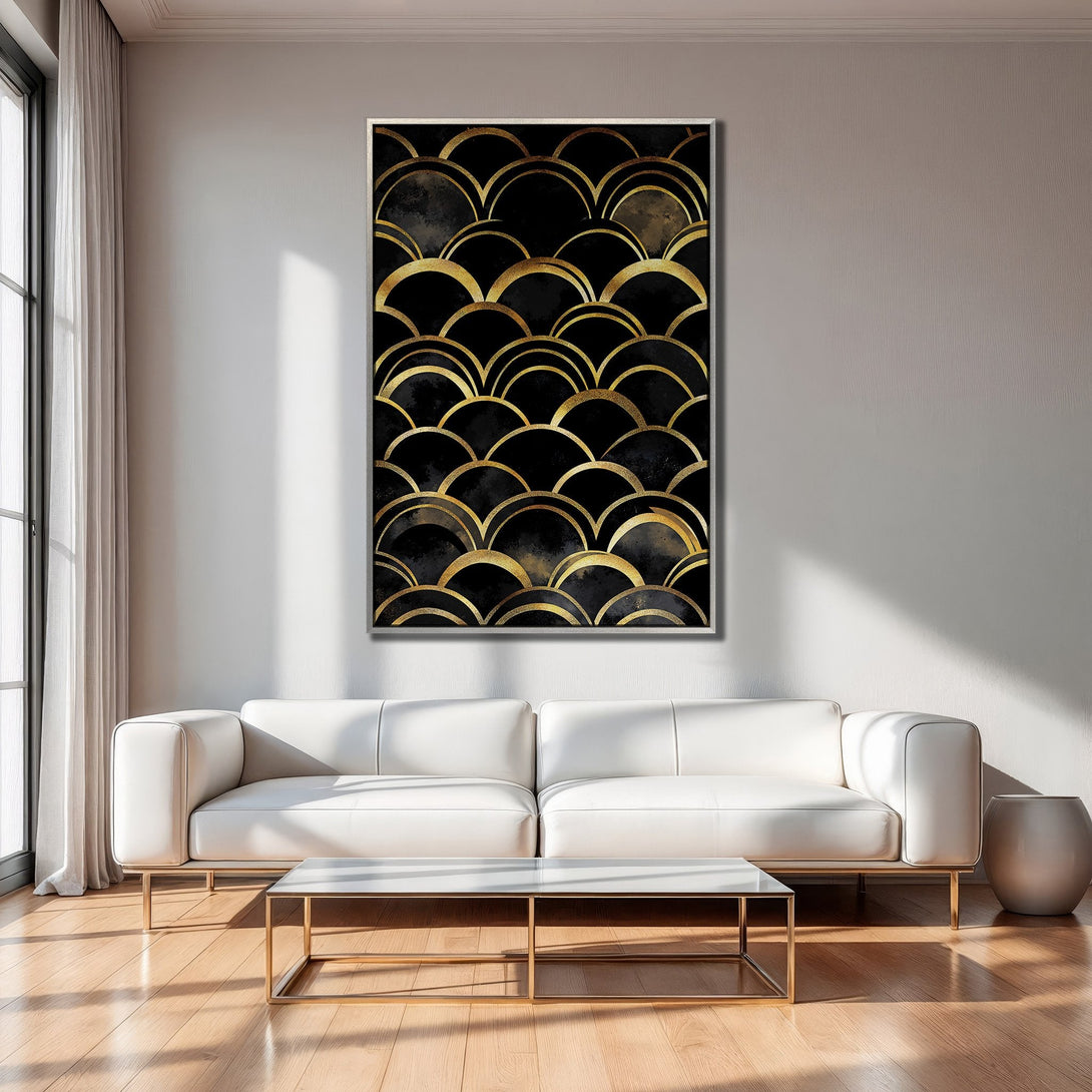 Framed Wall Art: Geometric black and gold abstract print. Modern decor with a luxury feel. Perfect for living room or bedroom.