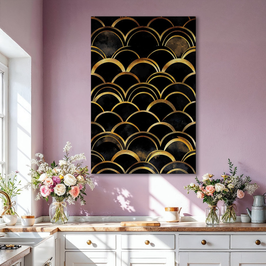 Framed Wall Art: Modern gold and black abstract art print. Stylish decor for living room. Features a luxurious gold and black color palette.