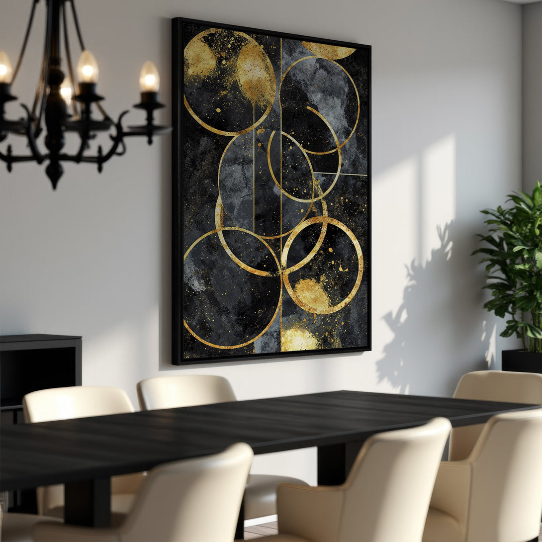 Framed Wall Art: Abstract gold circles on a black and gray background. Modern art print for dining room decor. Enhance your space with this stylish piece.