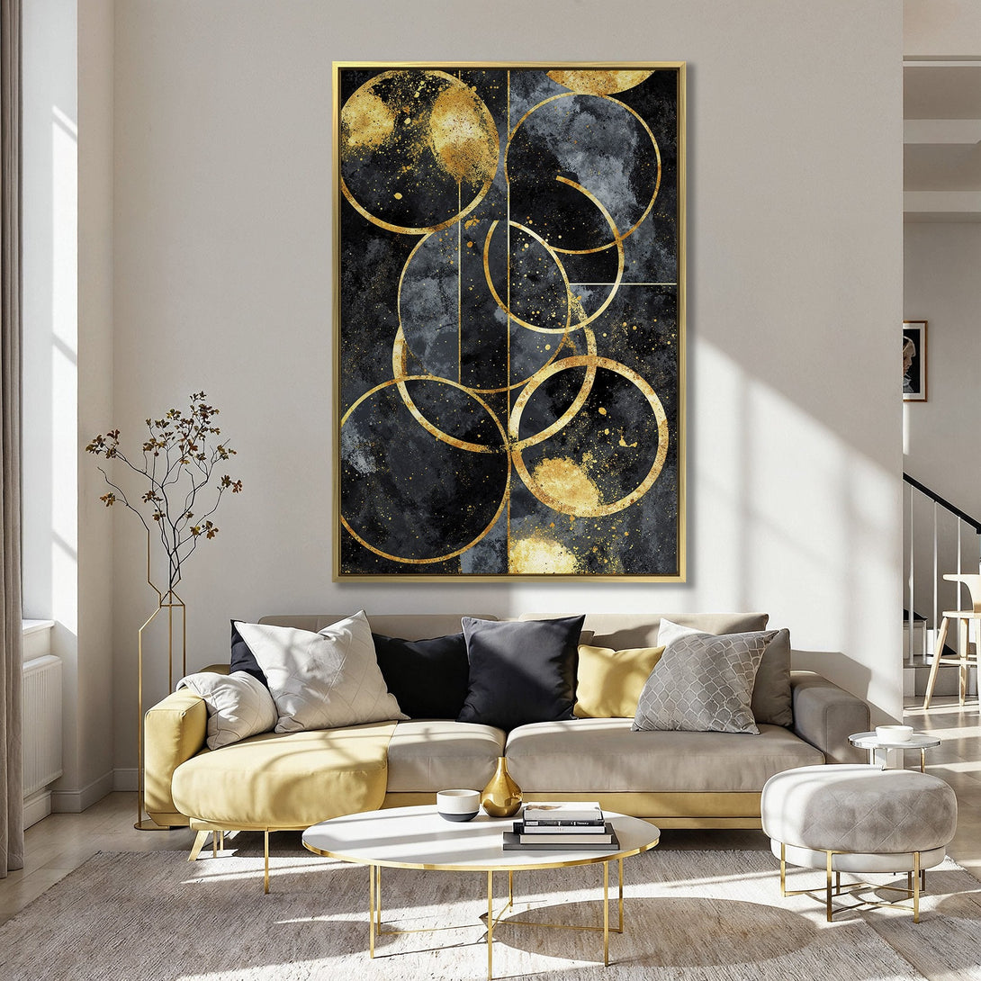 Abstract Canvas Print with gold geometric design on black and gray background, perfect for modern decor.