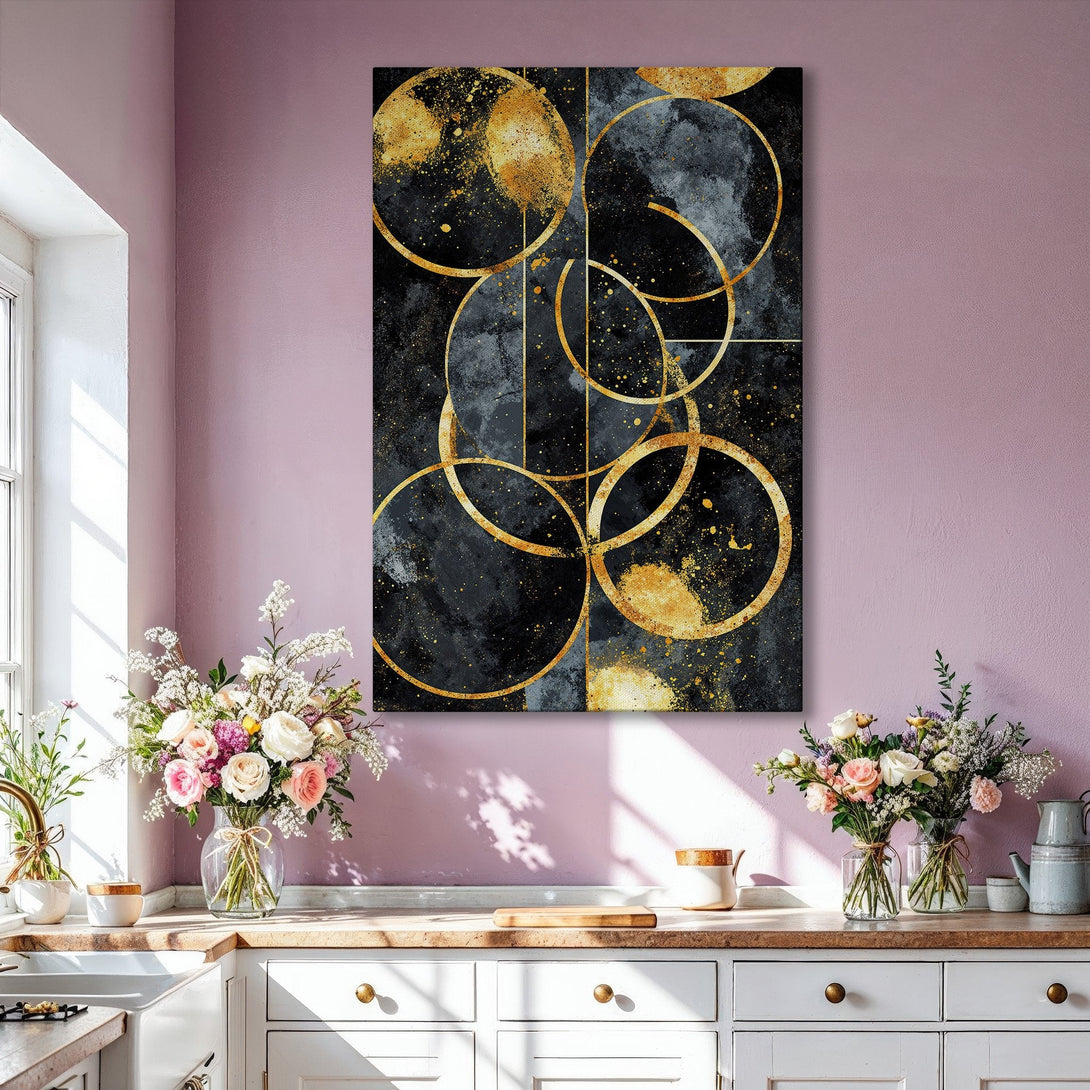 Framed Wall Art: Abstract gold circles on black canvas. Modern art print in a luxurious interior, featuring gold, black, and gray color palette. Elevate your space.