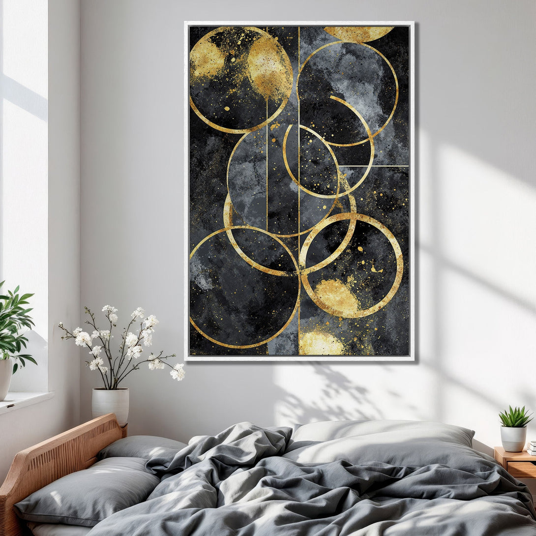 Framed Wall Art featuring abstract gold circles on a dark, textured background. Modern art print with a luxurious black and gold color palette.