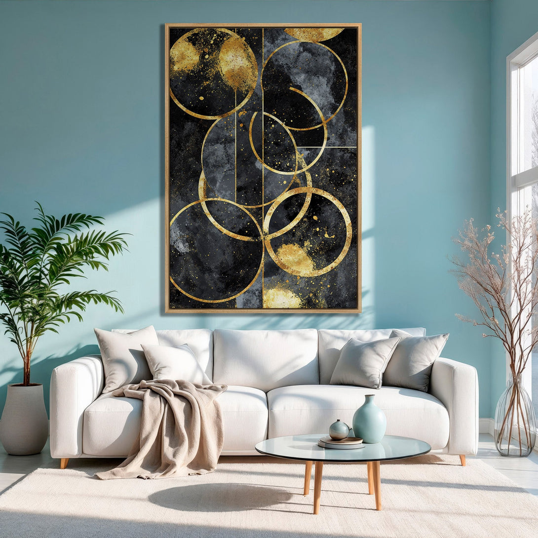 Framed Wall Art: Abstract gold circle design on black canvas. Modern art for living room. Black, gold, and teal color palette. Elevate your space!
