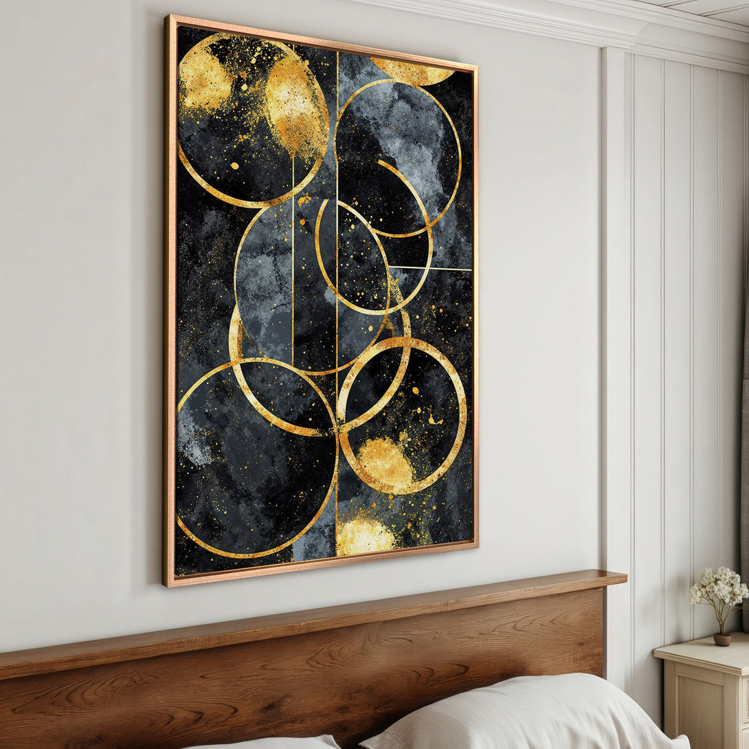 Framed Wall Art: Abstract gold circles on a black and gray background. Modern art canvas print with a luxurious, elegant aesthetic.