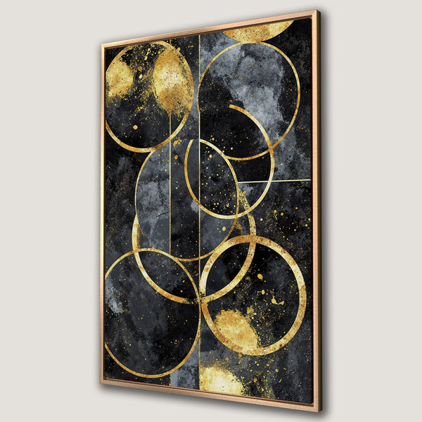 Framed Wall Art: Abstract gold circle design on a black and gray background. Modern art canvas print for a stylish home decor.