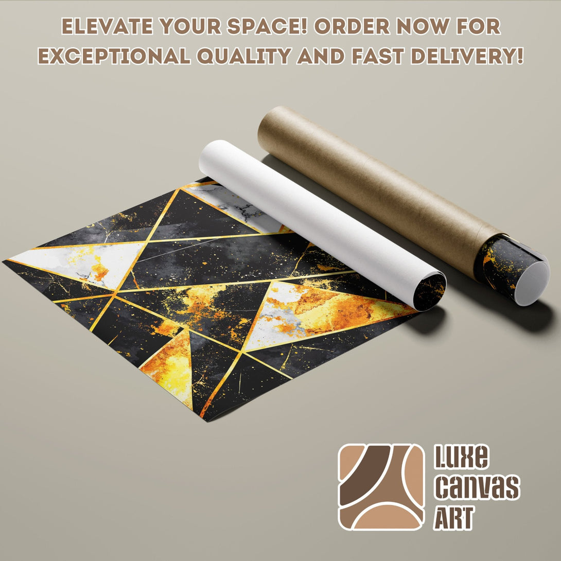 Geometric abstract Poster Roll art in black, gold, and white. Elevate your space!