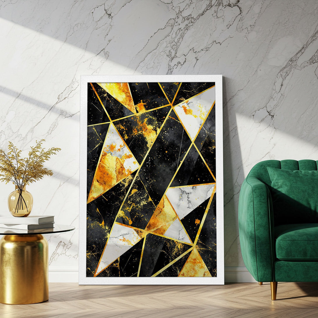 Framed Poster featuring an abstract geometric design in black, gold, and white, perfect for modern decor.