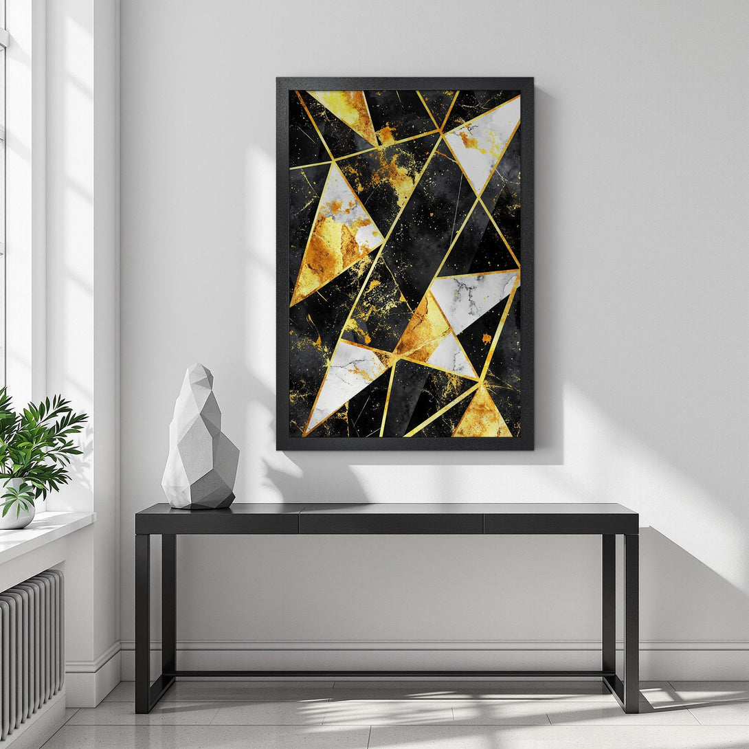 Framed Poster featuring a modern geometric design in black, gold, and white. Elevate your space with this stylish wall art.