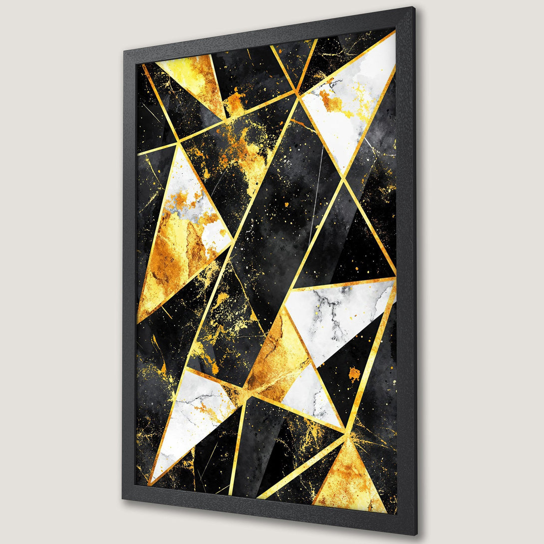 Framed Poster featuring a geometric abstract design with gold accents on a black and white background. Modern art for home decor.