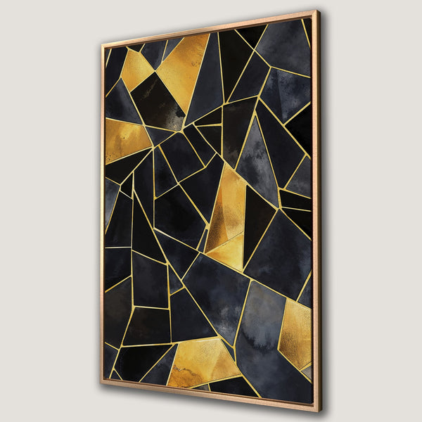 Framed Wall Art: Abstract geometric design in black, gold, and gray. Modern Canvas Print with a luxurious, contemporary style. Perfect for home decor.