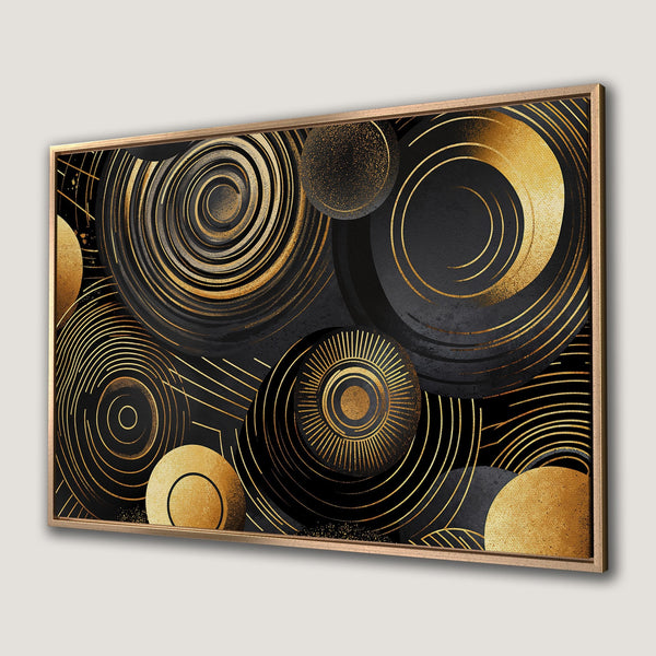 Framed Wall Art featuring abstract gold and black geometric circles. Modern art canvas print for a stylish interior.