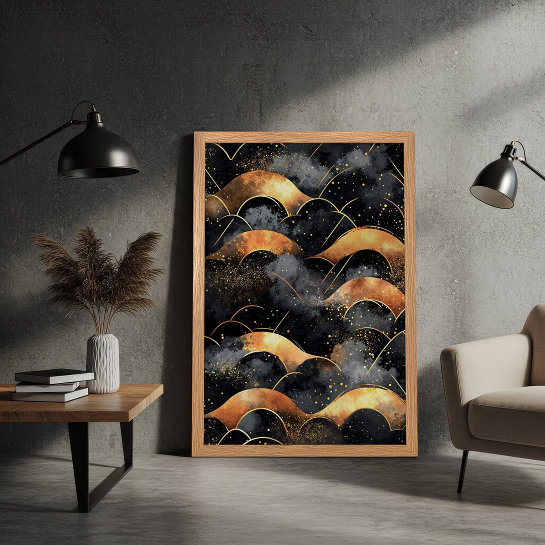Framed Poster featuring an abstract gold and black design. Modern art print with a dark, luxurious color palette.